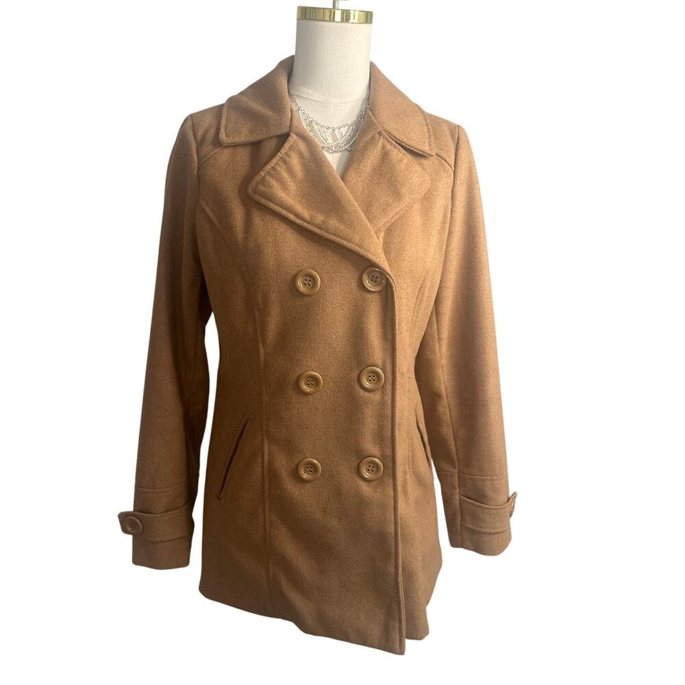GLAMSIA Classic Double‑Breasted Wool Blend Camel/Tan Coat – Size M